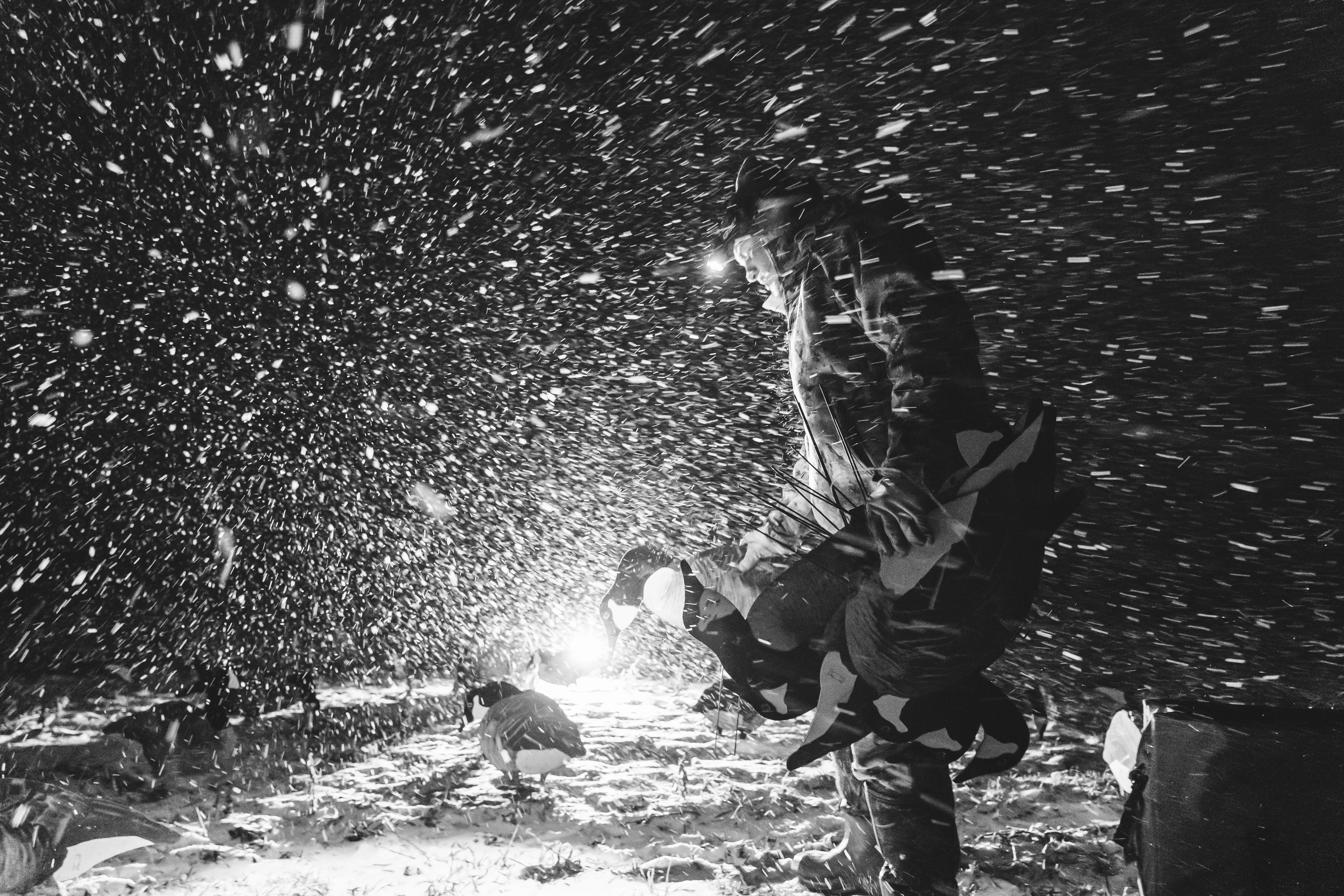Hunter with a headlamp walking through heavy snowfall at night, decoys in the foreground